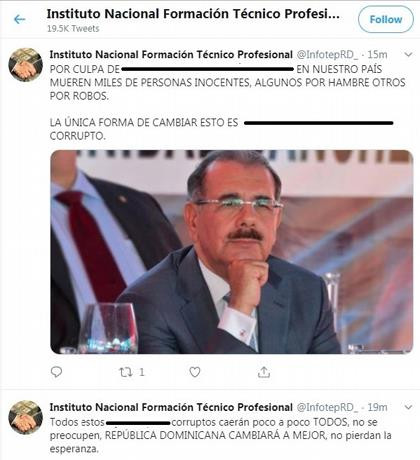 Hackearon la cuenta en twitter de infotep y publican mensajes sobre corrupcion